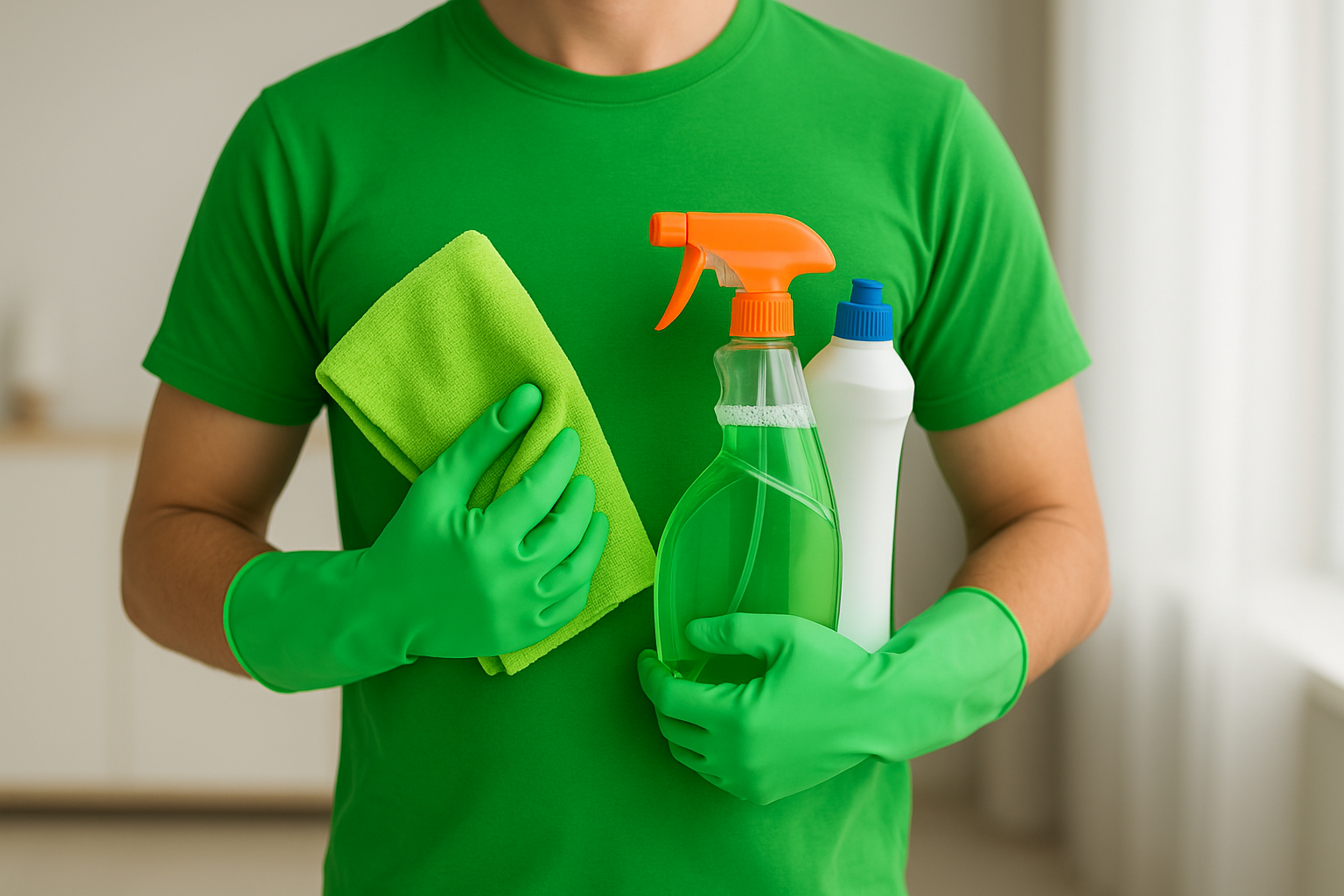 Professional cleaner holding supplies in a bright, tidy living room
